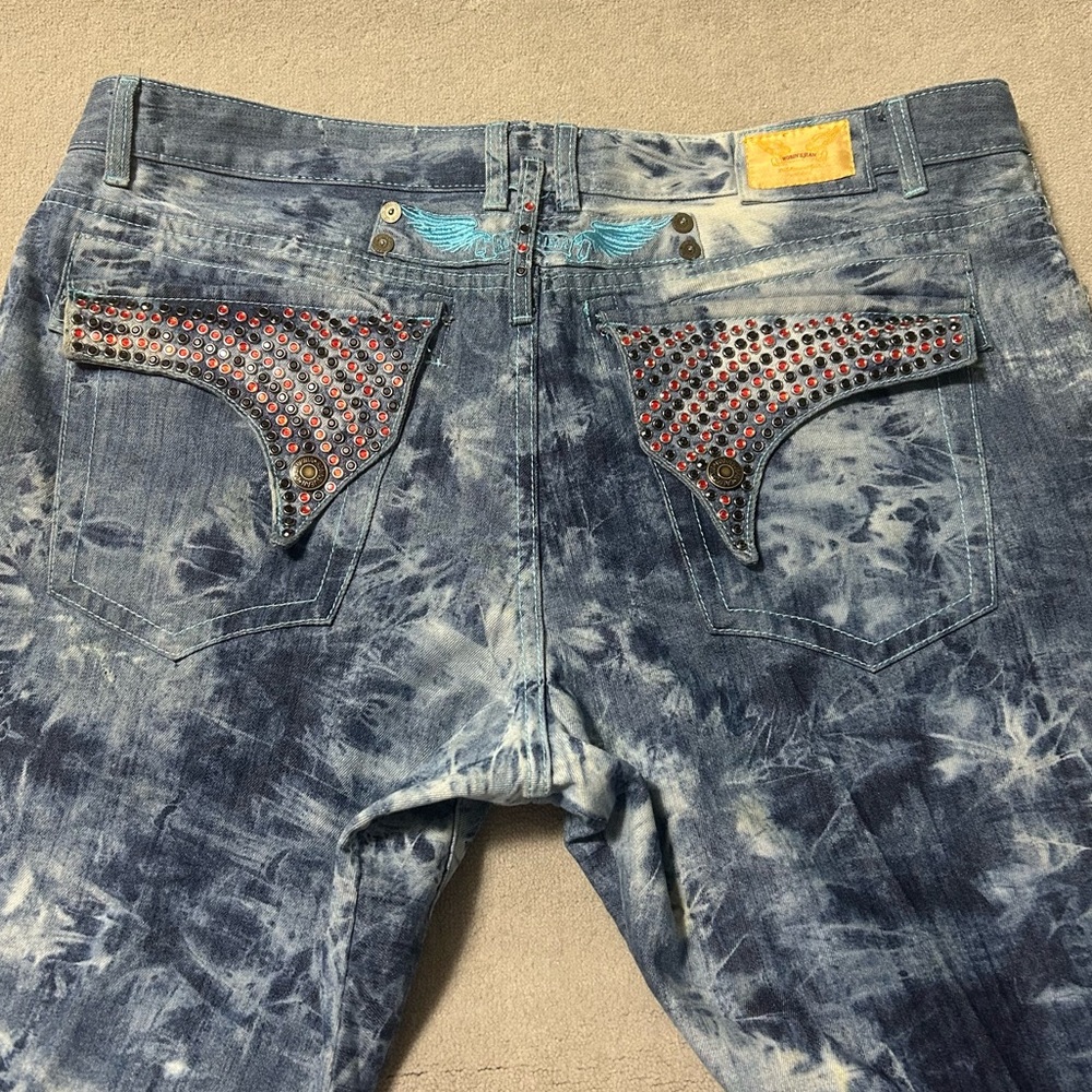 Robin’s Jean Crazy Wash Black/Red Studded Made in USA Denim Jeans - Size 42